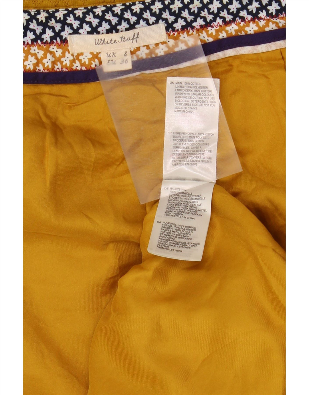 WHITE STUFF Damska prosta spódnica UK 8 Small W28 Żółta geometryczna bawełna