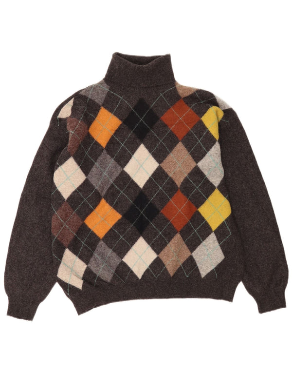 Męski sweter z golfem Benetton IT 52, duży, szary, argyle/diamentowa wełna