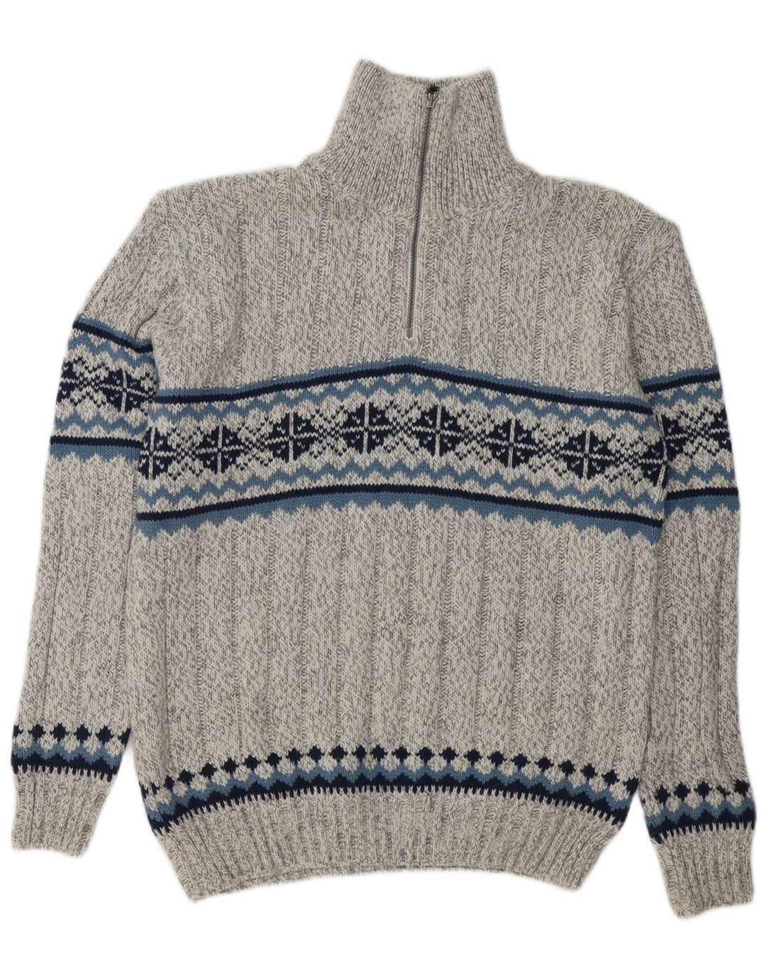 CANDA Mens Zip Neck Jumper Sweater Medium Grey Fair Isle Acrylic