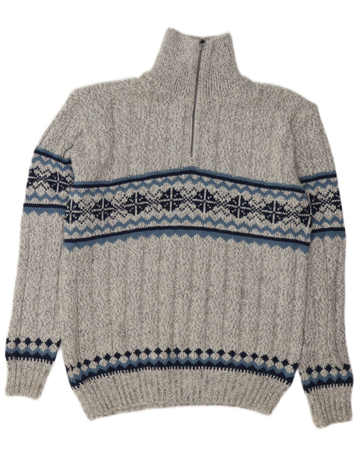 CANDA Mens Zip Neck Jumper Sweater Medium Grey Fair Isle Acrylic
