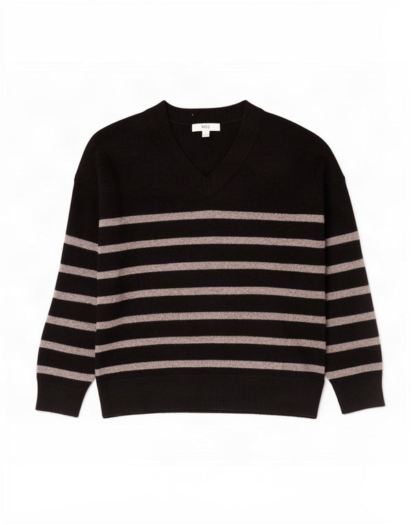 Marks & Spencer Damski sweter z dekoltem w kształcie litery V, UK 16, duże czarne paski