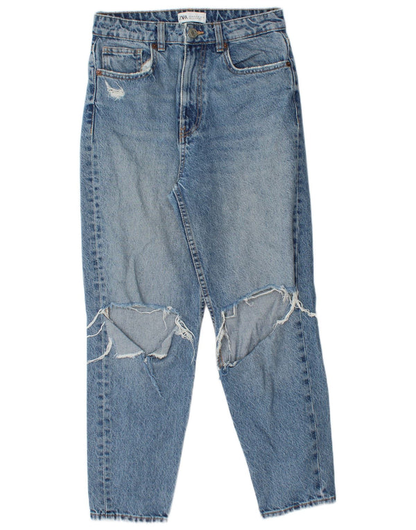 Damskie jeansy Zara w trudnej sytuacji, zwężane, EU 38, małe, W28, L25, niebieska bawełna