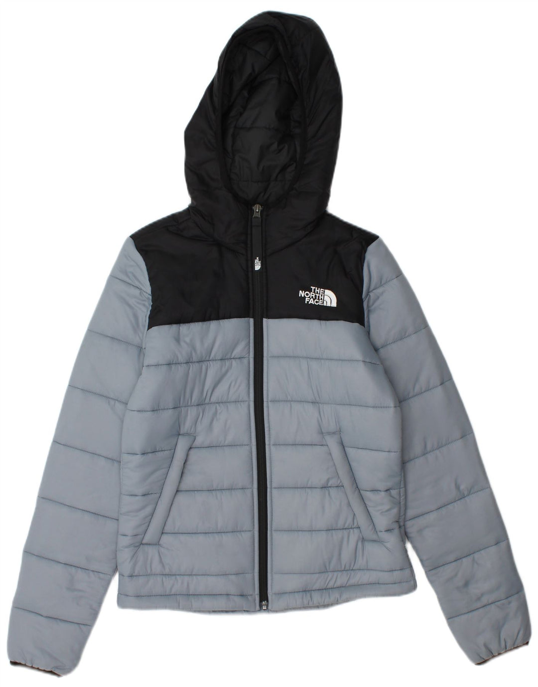 Damska ocieplana kurtka z kapturem THE NORTH FACE UK 6 XS, szary nylon w bloki kolorów