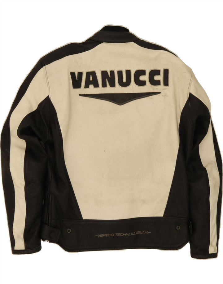 VANUCCI Mens Graphic Leather Racer Jacket IT 54 2XL Black Colourblock Vintage Vanucci and Second-Hand Vanucci from Messina Hembry 