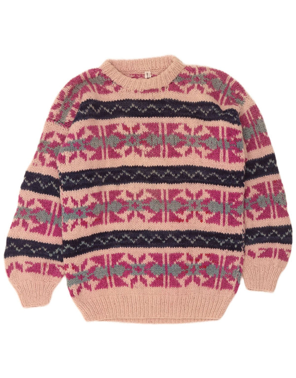 Sweter damski w stylu vintage z okrągłym dekoltem UK 16, duży, różowy, wełniany Fair Isle