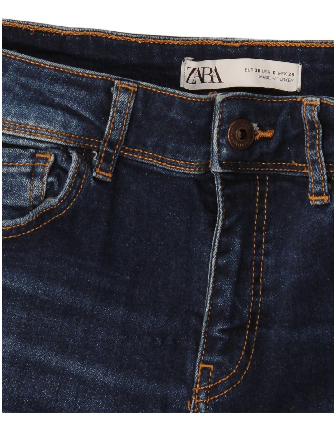 Damskie jeansy Zara w trudnej sytuacji, przycięte, EU 38, małe, W28 L26, granatowe