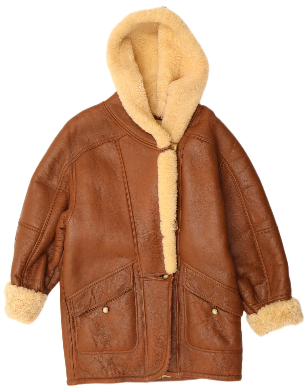 Damski płaszcz z kapturem w stylu vintage, UK 16, duży, beżowy, shearling, klasyczny