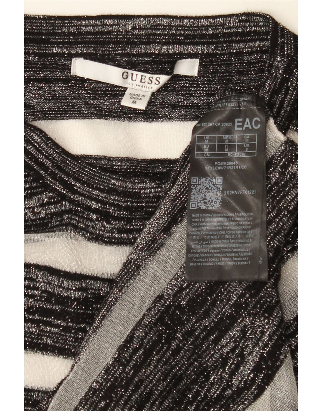 GUESS Womens Crop Crew Neck Jumper Sweater UK 14 Medium Black Striped Vintage Guess and Second-Hand Guess from Messina Hembry 