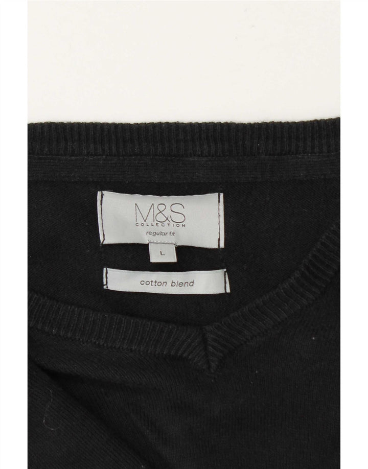 Marks & Spencer Męski sweter o regularnym kroju z dekoltem w kształcie litery V, duży, czarny, bawełniany