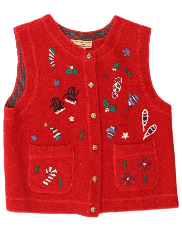 Vintage Womens Crop Graphic Sleeveless Cardigan Sweater UK 16 Large Red