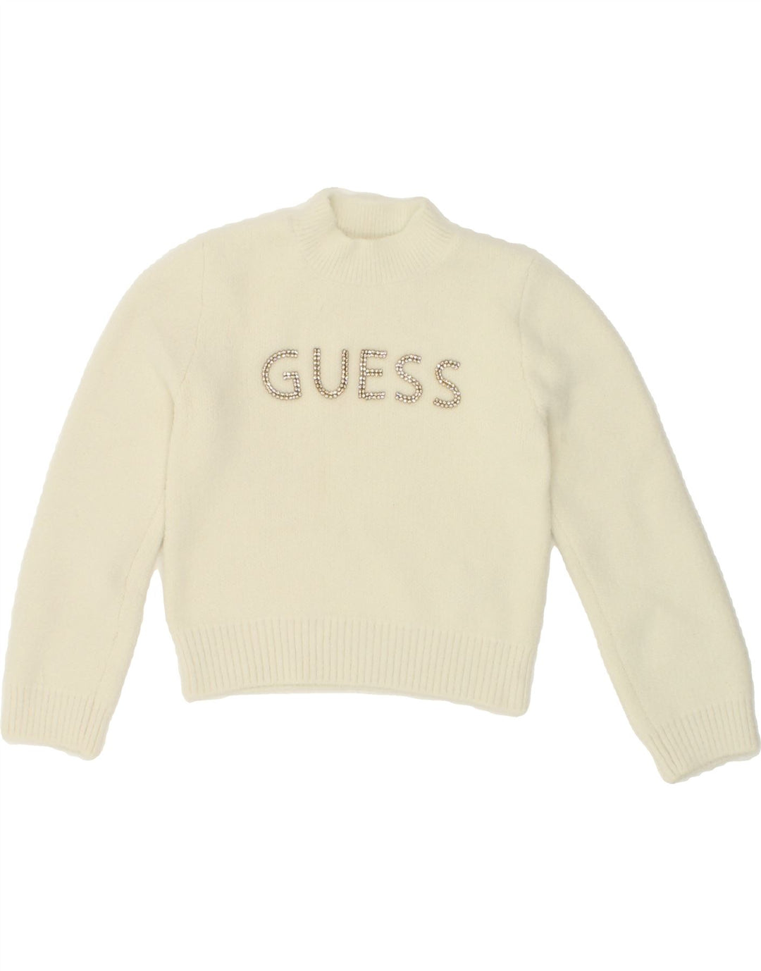 GUESS Girls Graphic Turtle Neck Jumper Sweater 5-6 Years White Polyamide Vintage Guess and Second-Hand Guess from Messina Hembry 