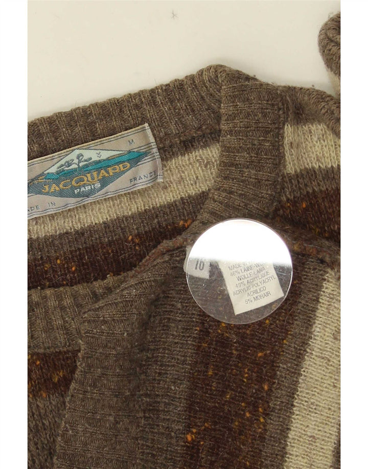 Męski sweter w stylu vintage z okrągłym dekoltem, wełniany khaki w paski