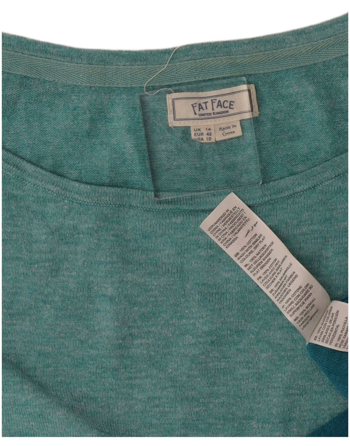 Top damski Fat Face z długim rękawem, UK 14, duża turkusowa bawełna z blokami kolorów