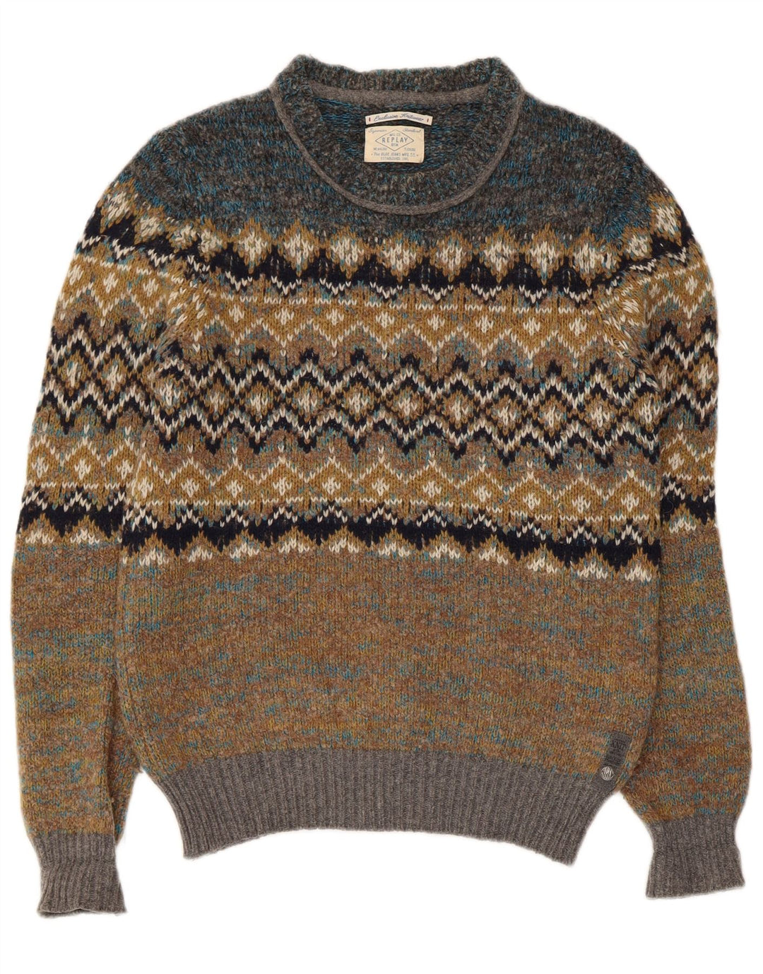 Męski sweter z okrągłym dekoltem Replay, mały, zielony, wełniany Fair Isle