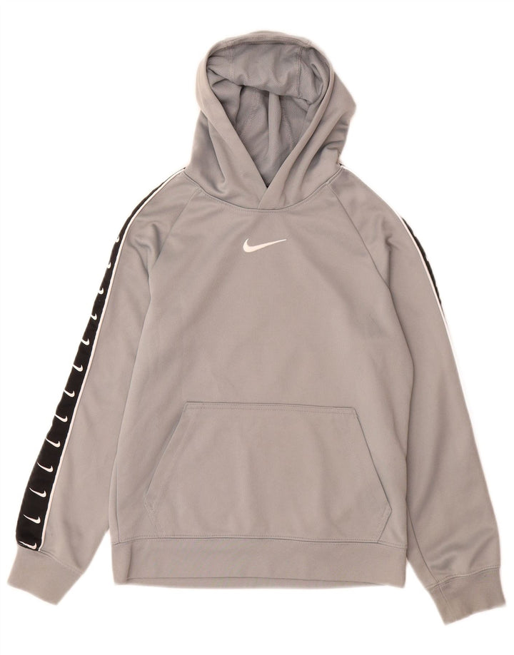 Chłopięca bluza z kapturem Nike z grafiką, 8-9 lat, mała, szara, z blokami kolorów, poliester