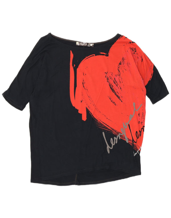 Desigual damski top z grafiką o luźnym kroju z rękawem 3/4, UK 14, średni czarny, bawełniany