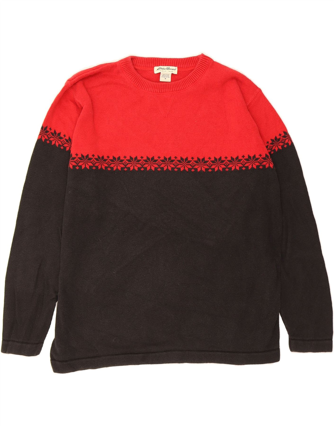 EDDIE BAUER Mens Crew Neck Jumper Sweater Medium Red Fair Isle Cotton Vintage Eddie Bauer and Second-Hand Eddie Bauer from Messina Hembry 