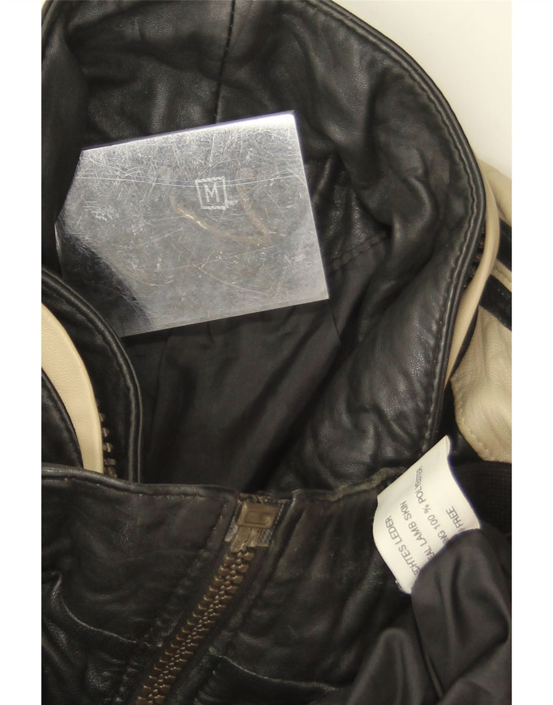 Męska kurtka skórzana vintage UK 38, średnia czarna skóra jagnięca z blokami kolorów