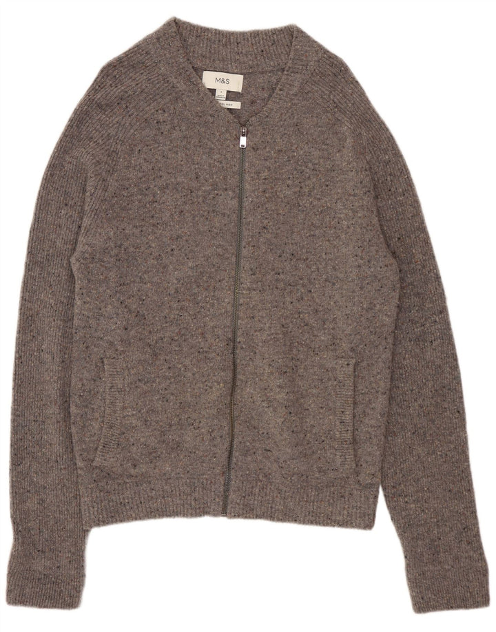MARKS & SPENCER Męski sweter rozpinany, mały, szary, wełniany w cętki
