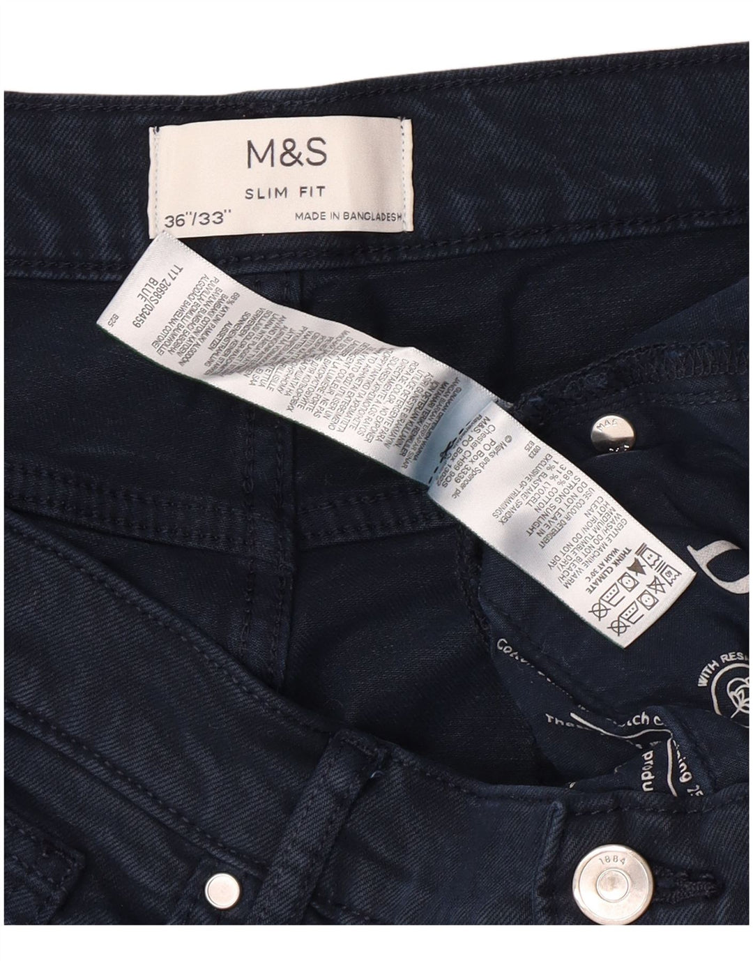 MARKS & SPENCER Męskie jeansy slim W36 L30 Klasyczne, granatowe, bawełniane