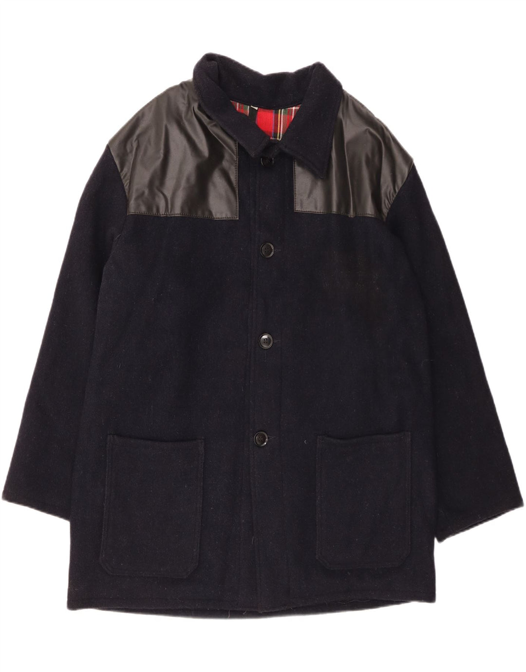 Męski płaszcz o luźnym kroju VINTAGE IT 44 XS Granatowa wełna w blokach kolorów