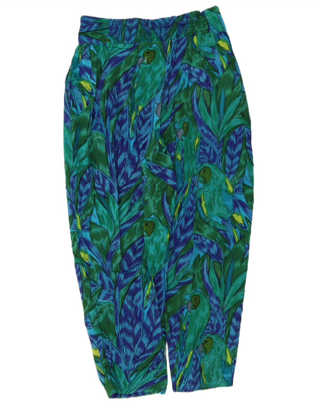 Damskie spodnie haremowe w stylu vintage, średnie W28 L22, zielone, kwiatowe, wiskozowe, tropikalne