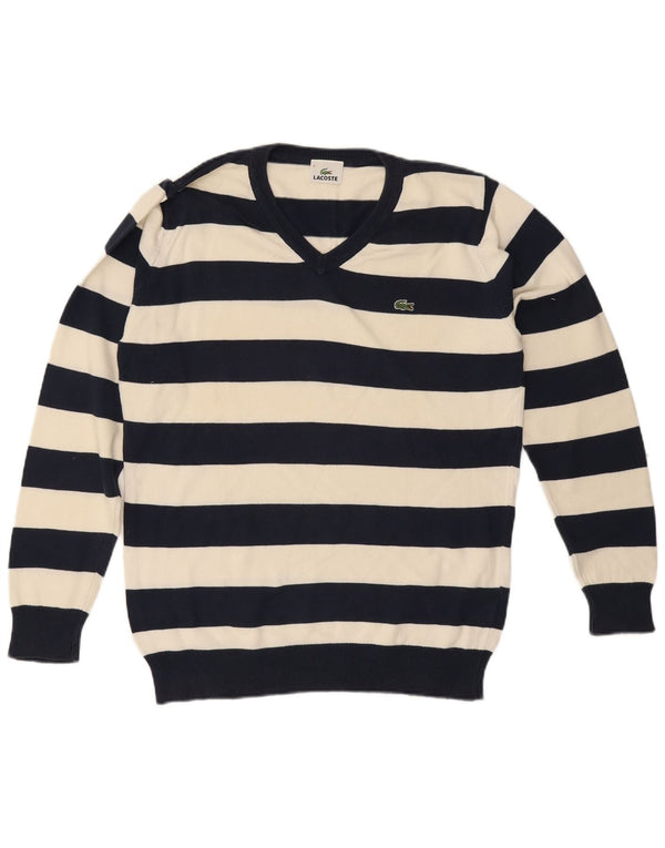 Lacoste Męski sweter z dekoltem w kształcie litery V, rozmiar 3, mały, bawełniany w granatowe paski