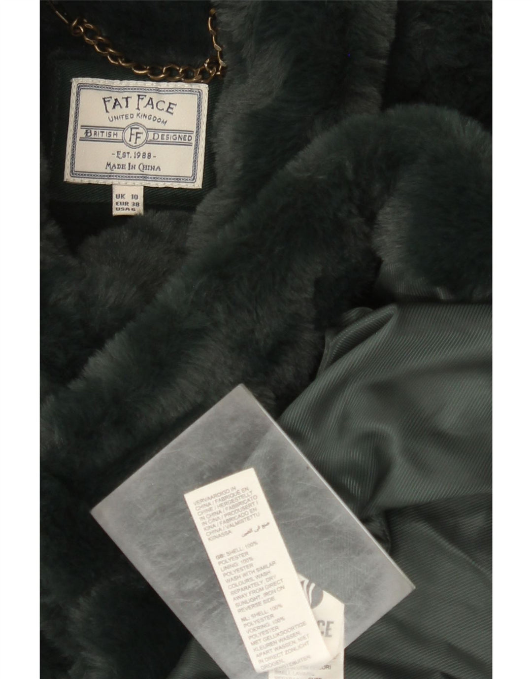 Damski płaszcz ze sztucznego futra Fat Face, oversize, UK 10, mały, zielony, poliester