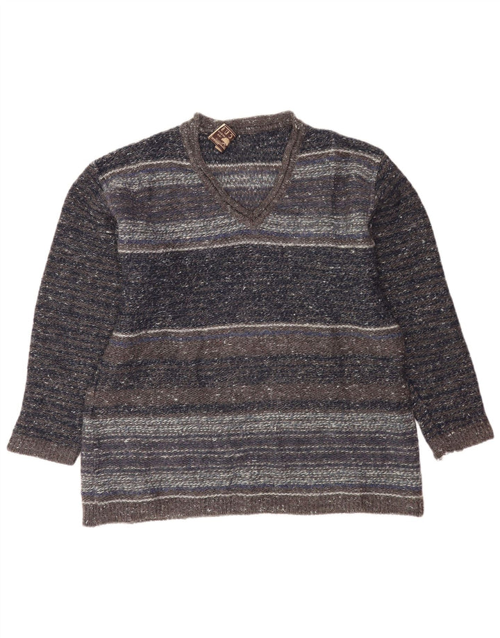 Męski sweter w stylu vintage z dekoltem w szpic, w średnie szare paski