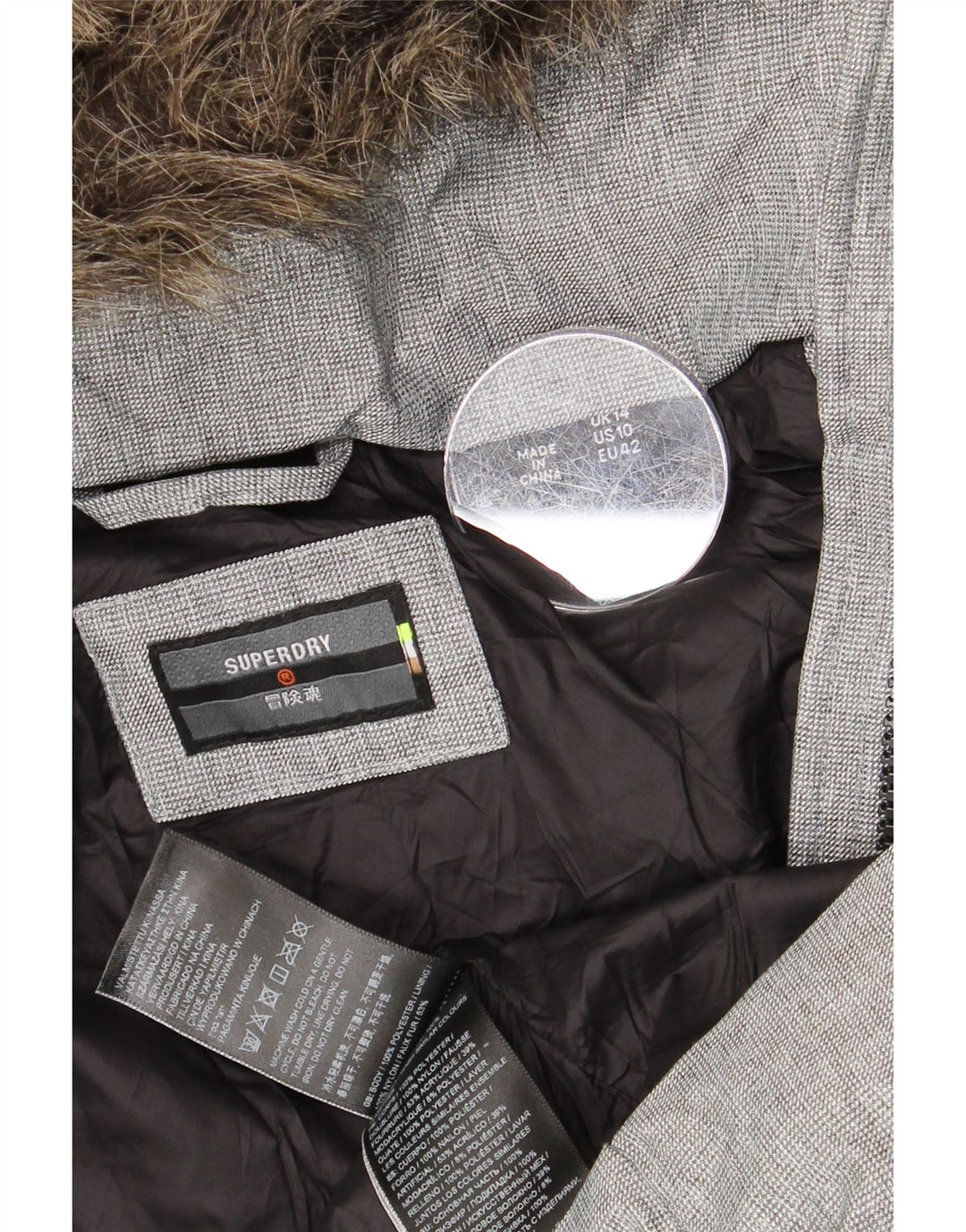 SUPERDRY Damska ocieplana kurtka z kapturem UK 14, duża, szary poliester