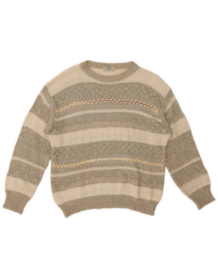 Sweter damski VINTAGE z dekoltem w łódkę UK 14, duża, bawełniana w beżowe paski