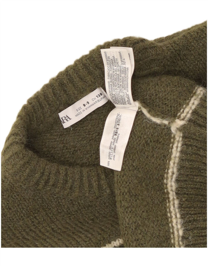 Zara Chłopięcy sweter z okrągłym dekoltem, 8-9 lat, khaki, poliester w paski