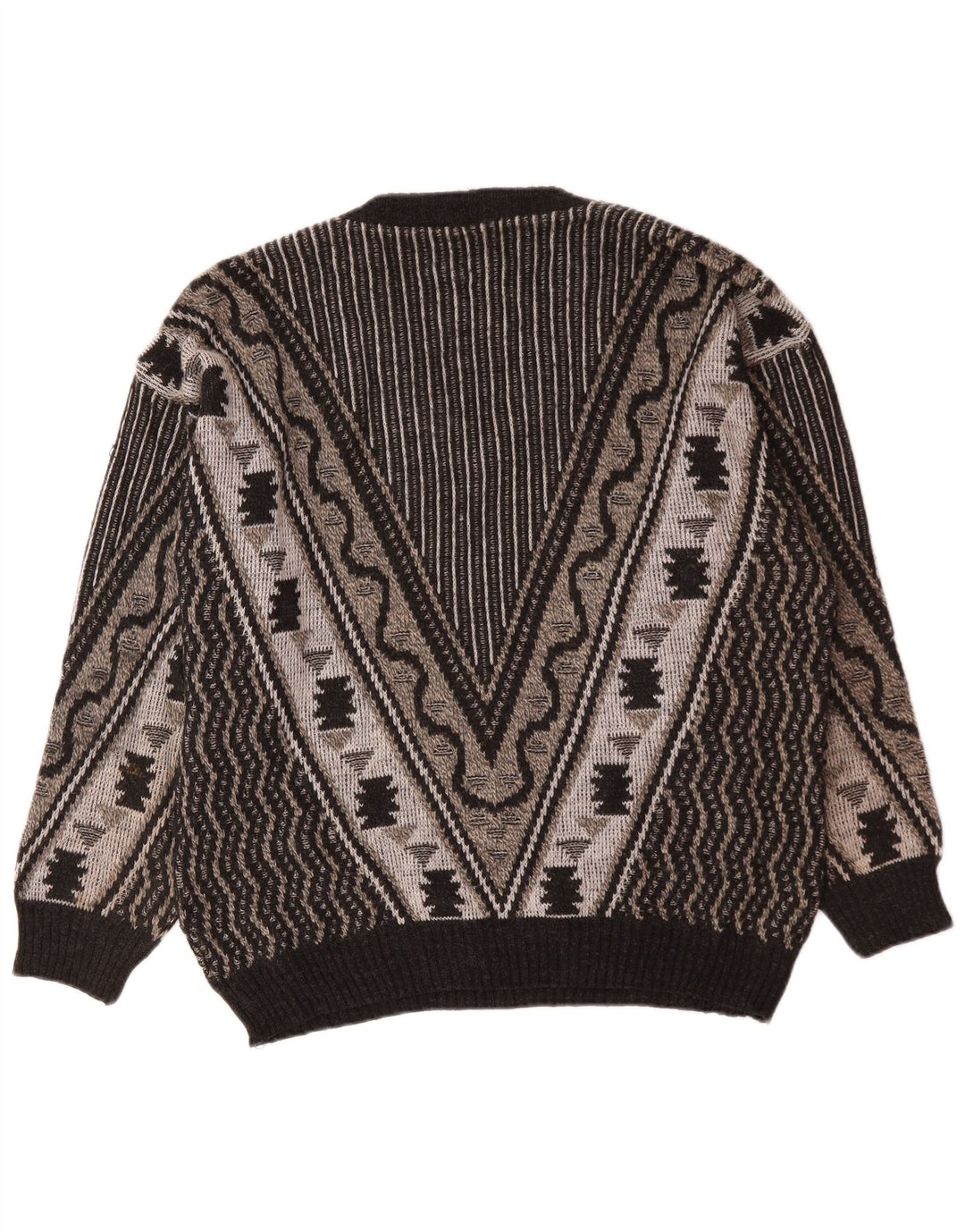 Męski sweter w stylu vintage z dekoltem w szpic, duży, szary, geometryczny