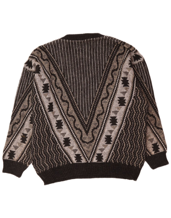 Męski sweter w stylu vintage z dekoltem w szpic, duży, szary, geometryczny