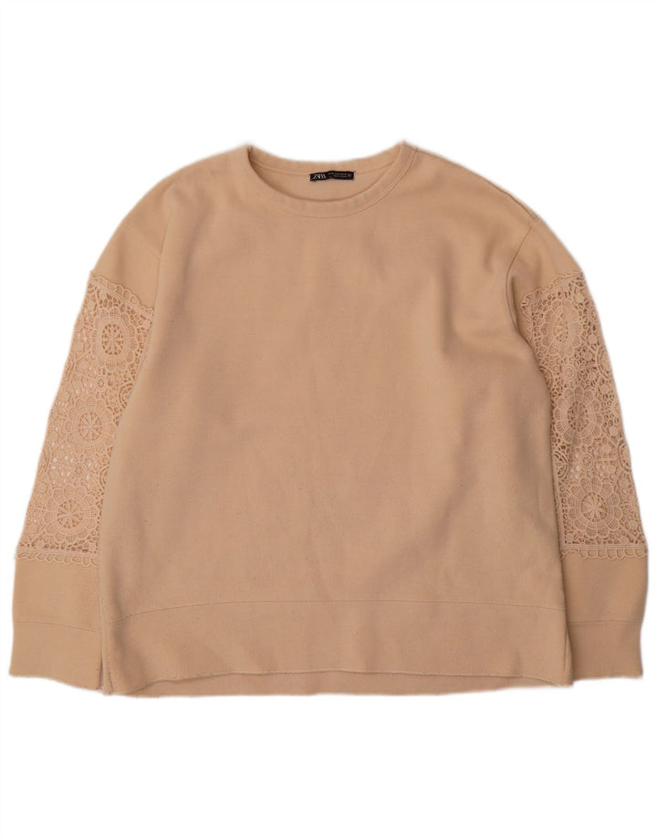 Damski sweter oversize Zara UK 14, średni beż, bawełna w kwiaty