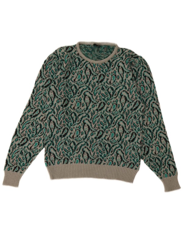 Vintage damski sweter z okrągłym dekoltem UK 14, średni zielony wełniany paisley