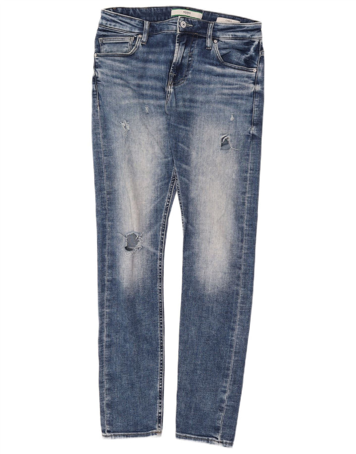 Guess Damskie Chris Distressed Slim Jeans W30 L32 Niebieskie bawełniane