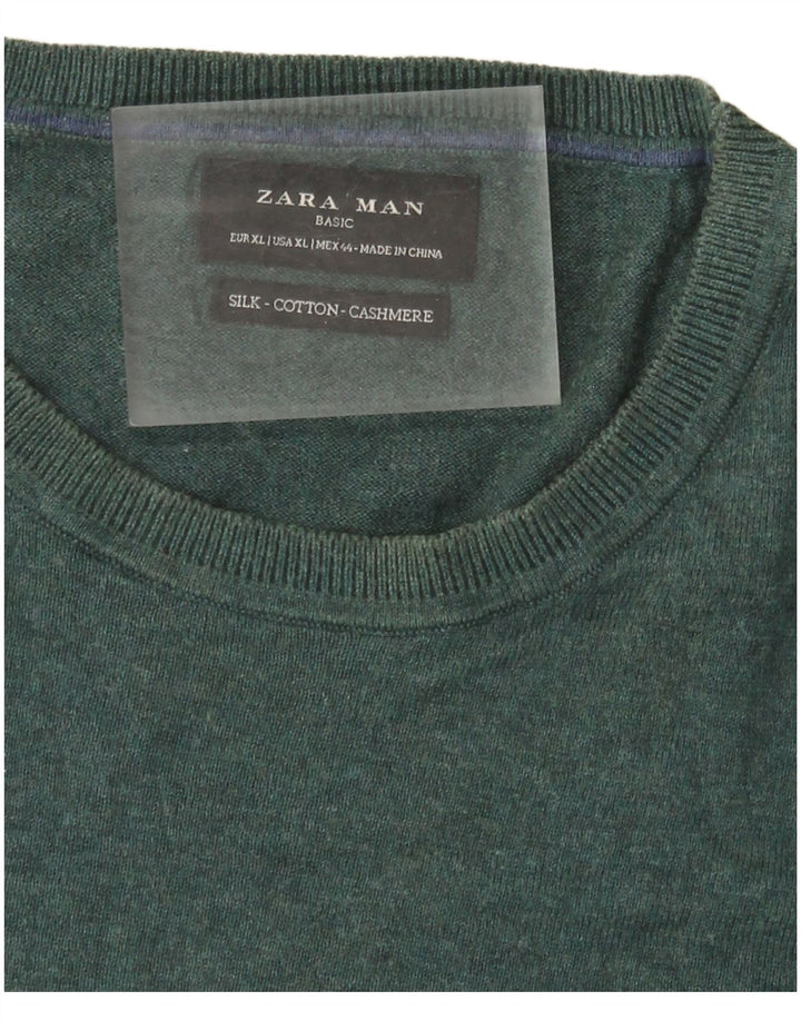 Męski sweter z okrągłym dekoltem Zara XL, zielony, jedwabny