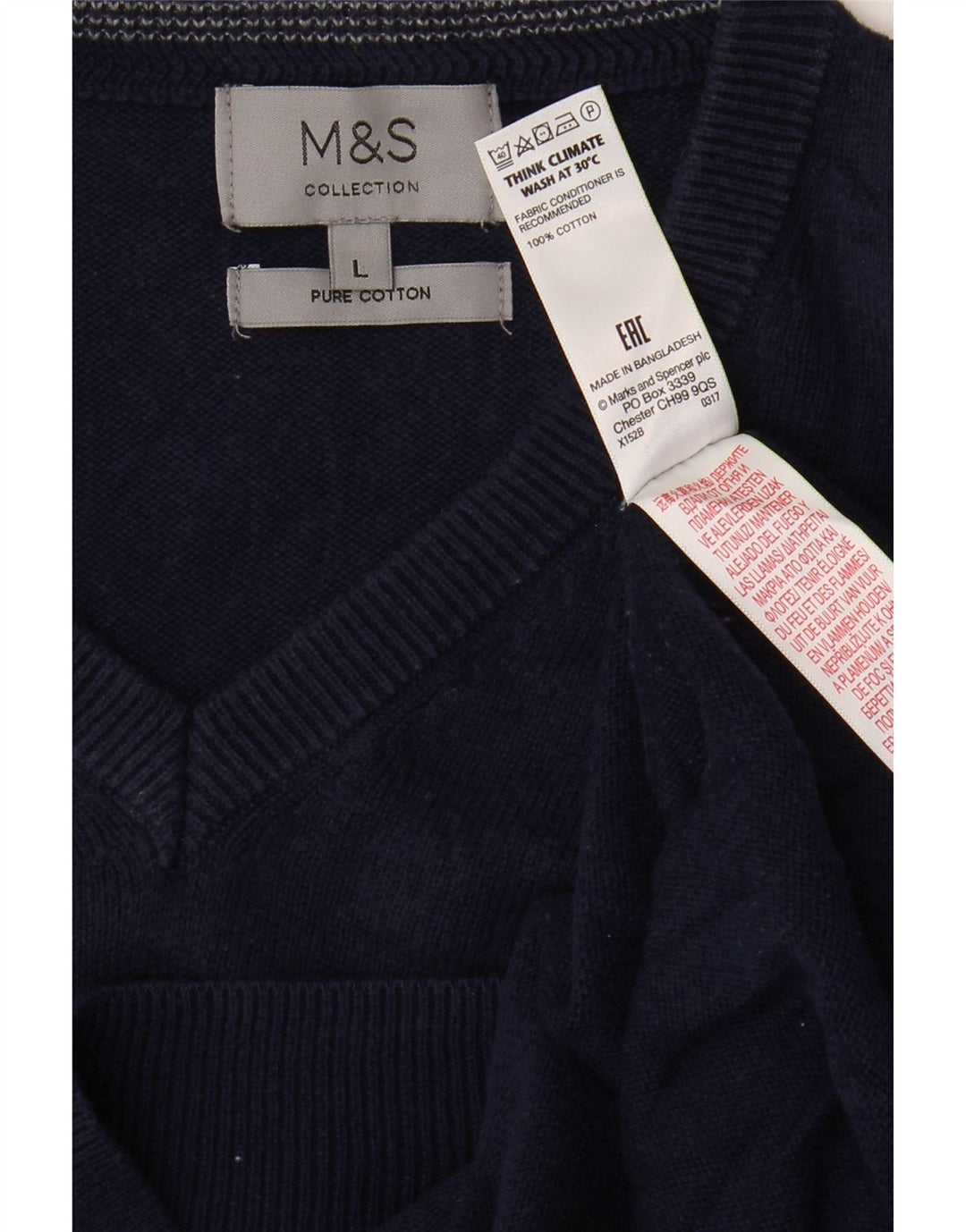Marks & Spencer Męski sweter z dekoltem w kształcie litery V, duży, granatowy, bawełniany