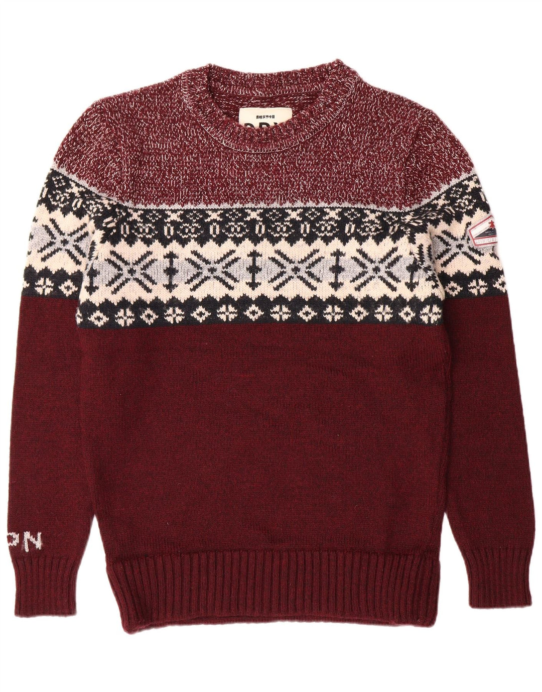 SUPERDRY Męski sweter z okrągłym dekoltem XL Burgundowy Fair Isle Classic