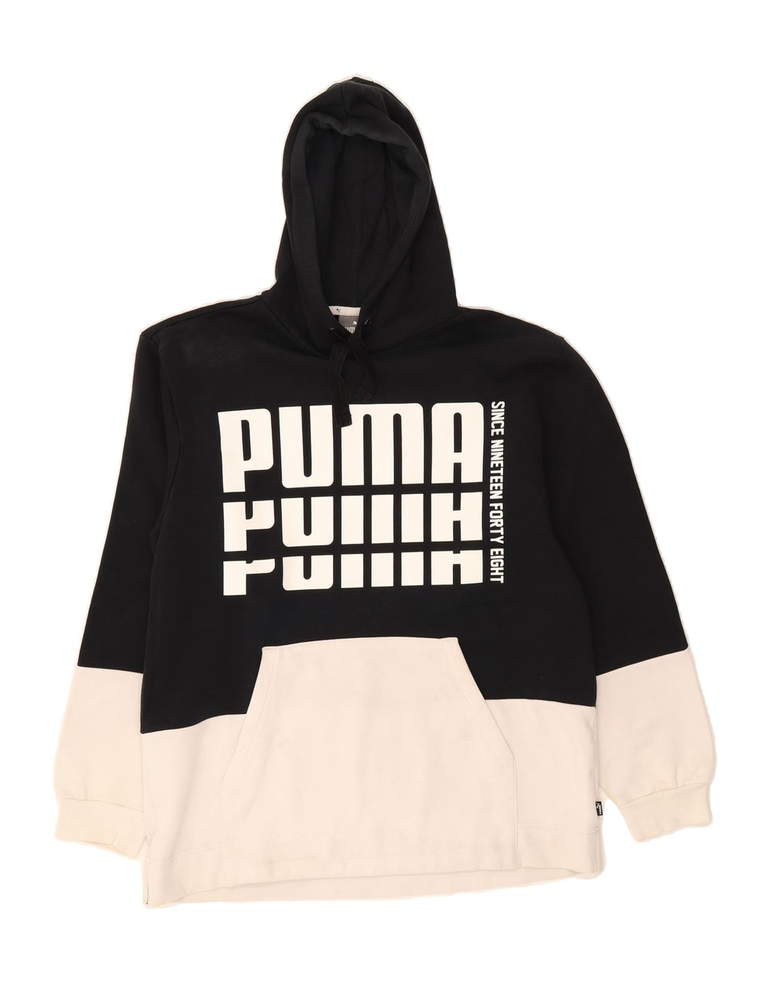 PUMA Mens Graphic Hoodie Jumper Medium Black Colourblock Cotton Vintage Puma and Second-Hand Puma from Messina Hembry 