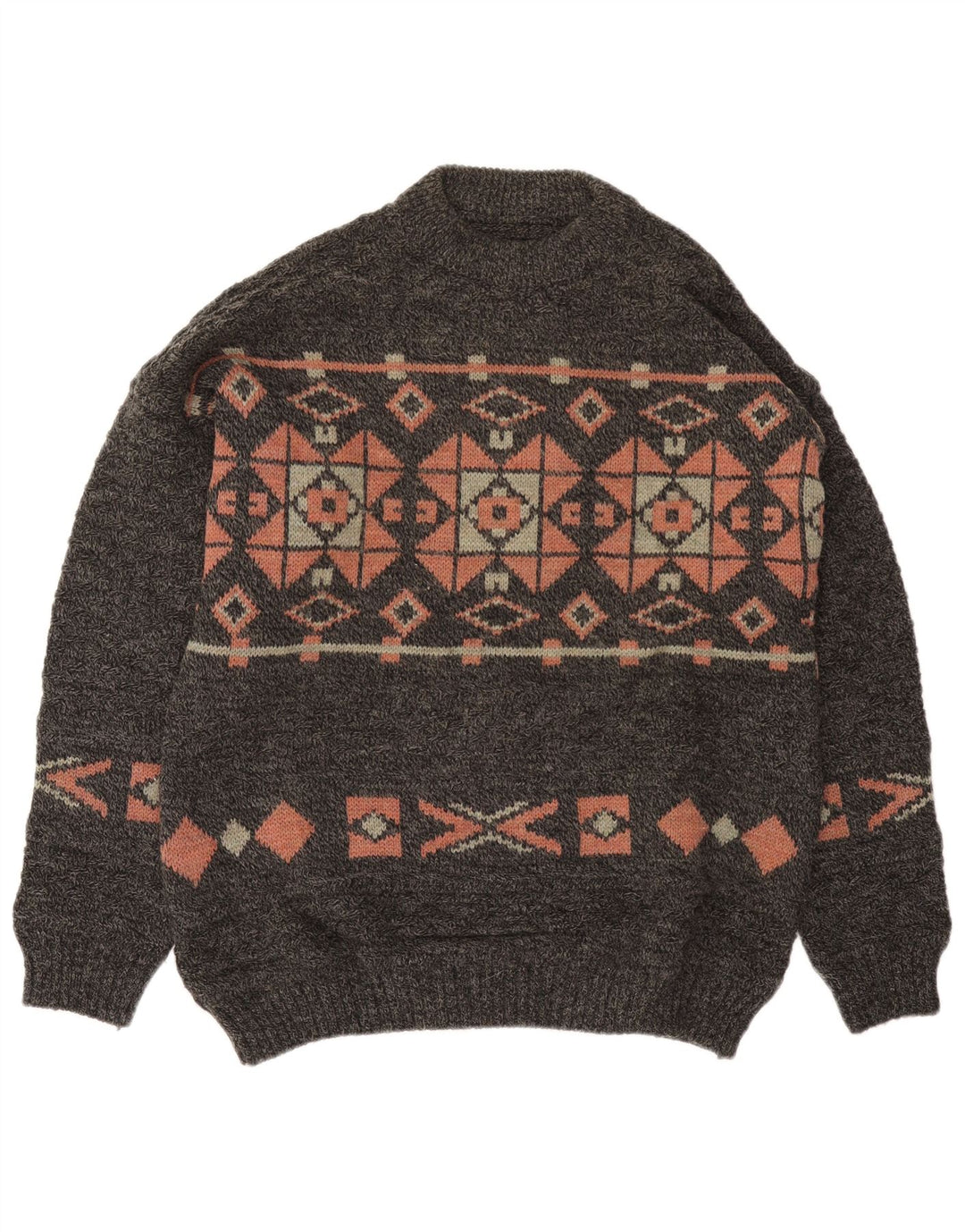 Vintage męski sweter z okrągłym dekoltem, duży szary Fair Isle