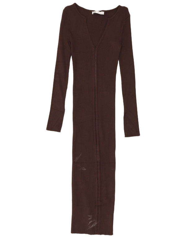 Zara Womens Long Sleeve Bodycon Dress UK 8 Small Brown Viscose