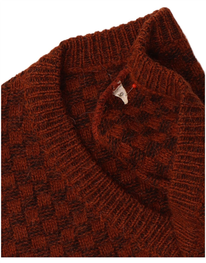 Vintage męski sweter z dekoltem w kształcie litery V, mały brązowy geometryczny