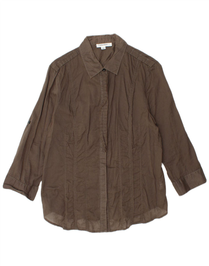 Koszula damska CALVIN KLEIN z rękawami 3/4 i falbaną, UK 14, duża, brązowa, bawełniana