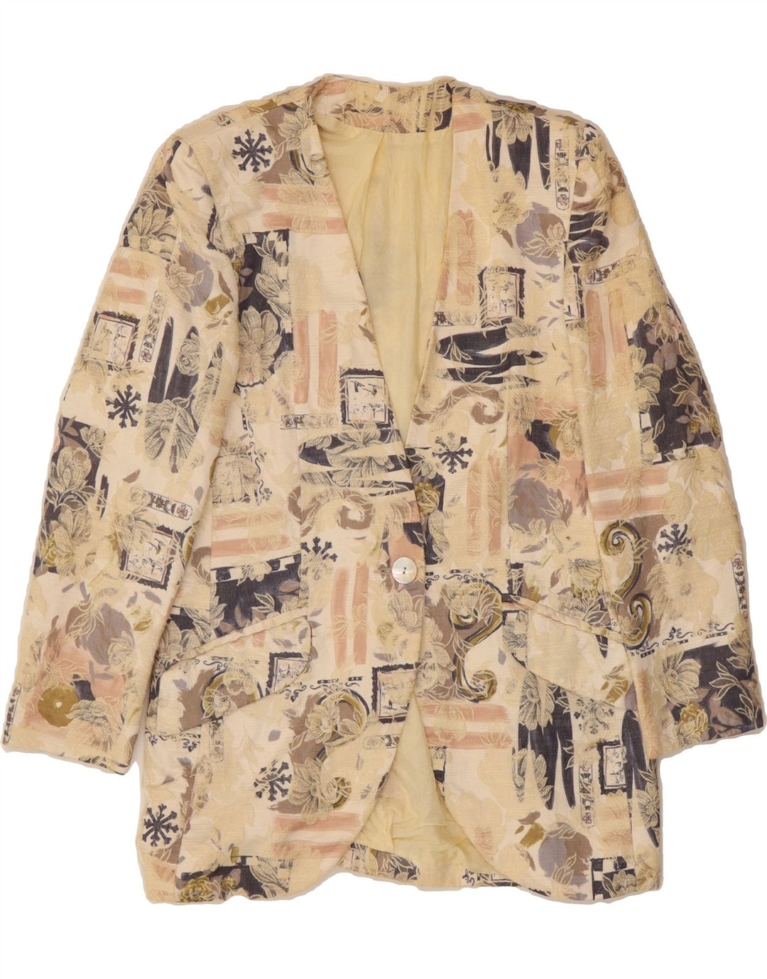 LIBRA Womens 1 Button Blazer Jacket UK 10 Small  Beige Floral Viscose Vintage Libra and Second-Hand Libra from Messina Hembry 