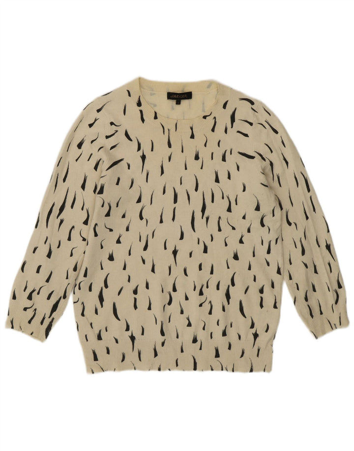 Damski sweter z wycięciem pod szyją Jaeger UK 8, mały, z białej bawełny w cętki