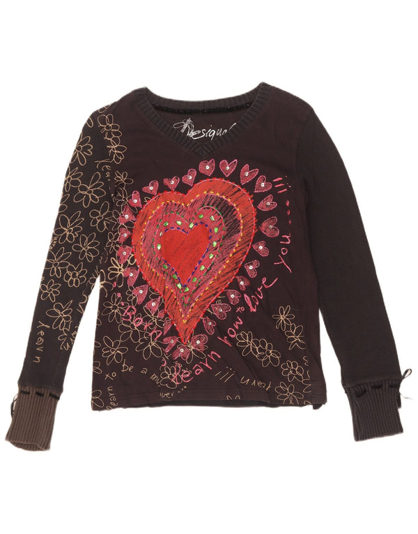 Desigual damski top graficzny z długim rękawem, UK 18 XL, czarny, w kwiatowe, bawełniane serce