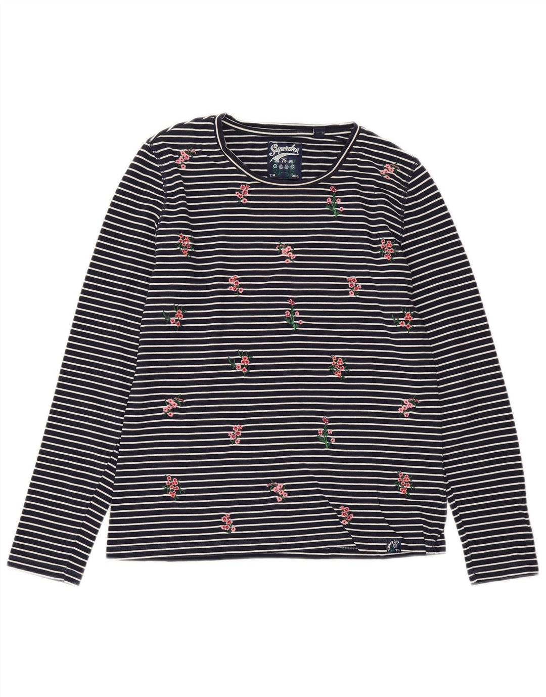 SUPERDRY Damski top z długim rękawem, UK 10, mały, bawełniany w granatowe paski