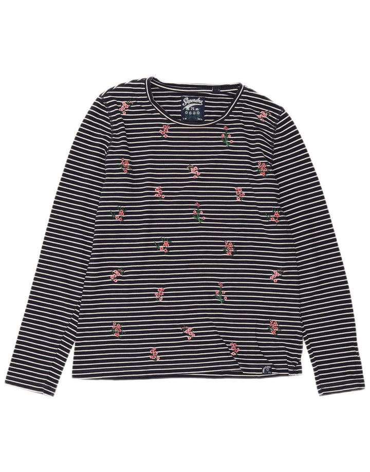 SUPERDRY Damski top z długim rękawem, UK 10, mały, bawełniany w granatowe paski
